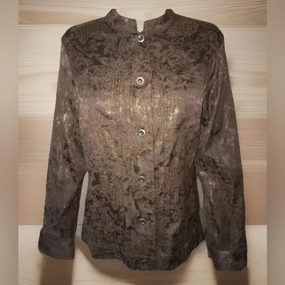 Chico's Brown Lightweight Shimmer Floral Rose print Jacket